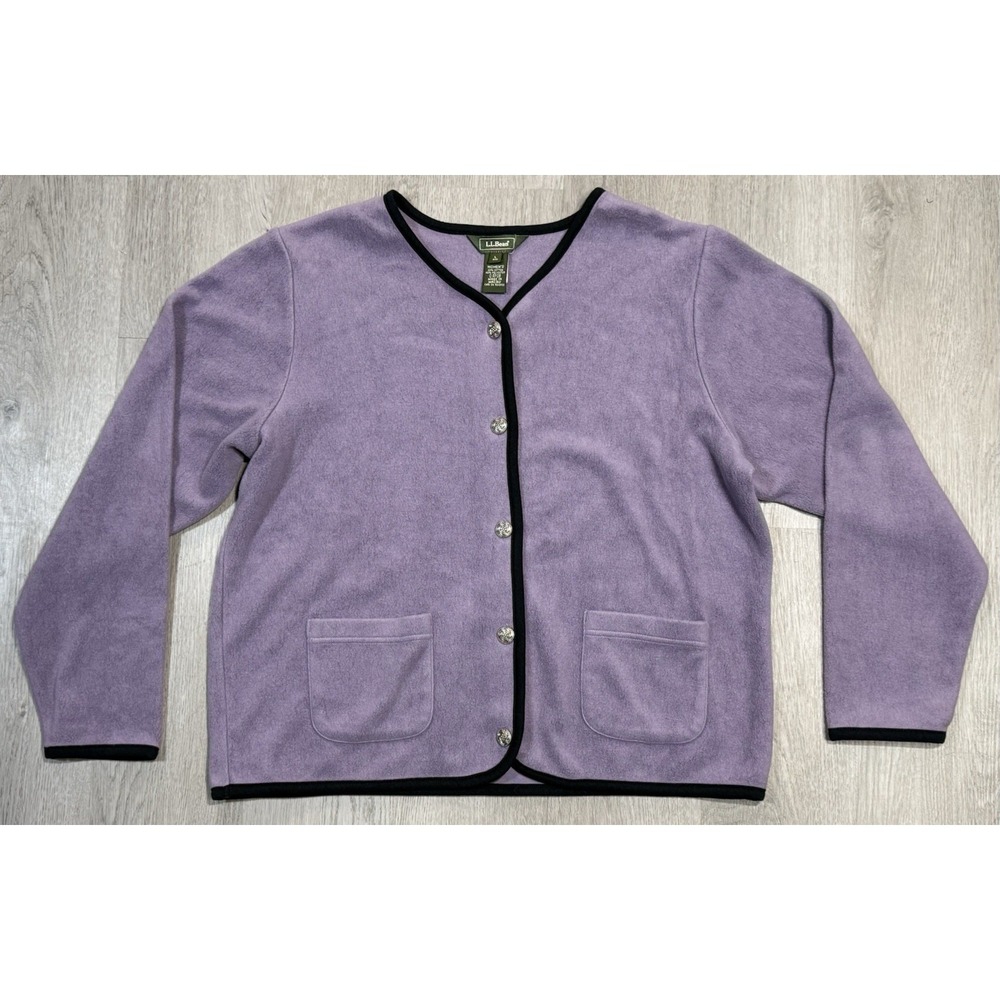 L.L. Bean Crop Cardigan Sweater Women's L Purple Fleece Long Sleeve Button Front